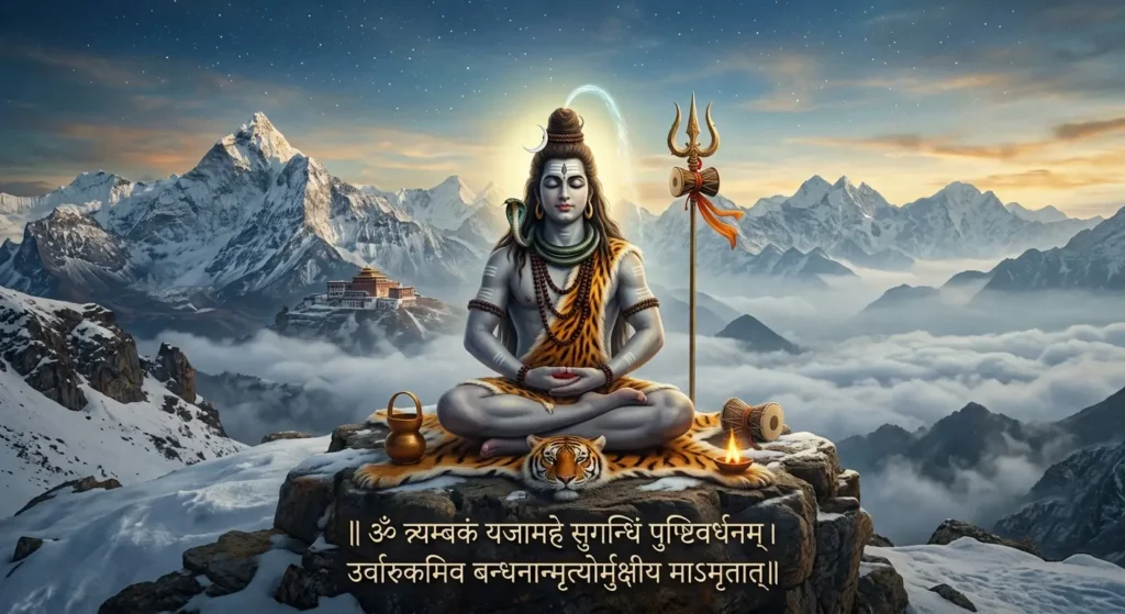Lord Shiva absorbed in meditation, with 'Mahamrityunjaya' written below.