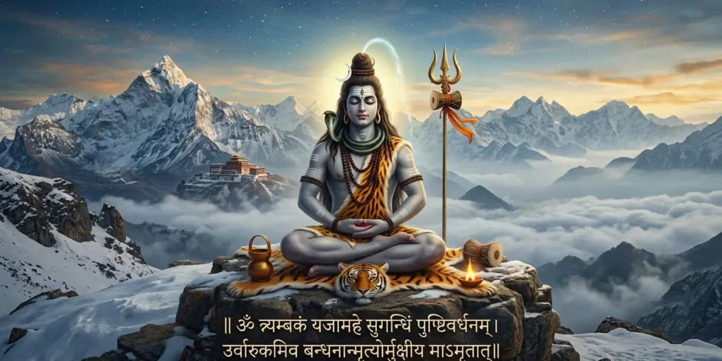 Lord Shiva absorbed in meditation, with 'Mahamrityunjaya' written below.