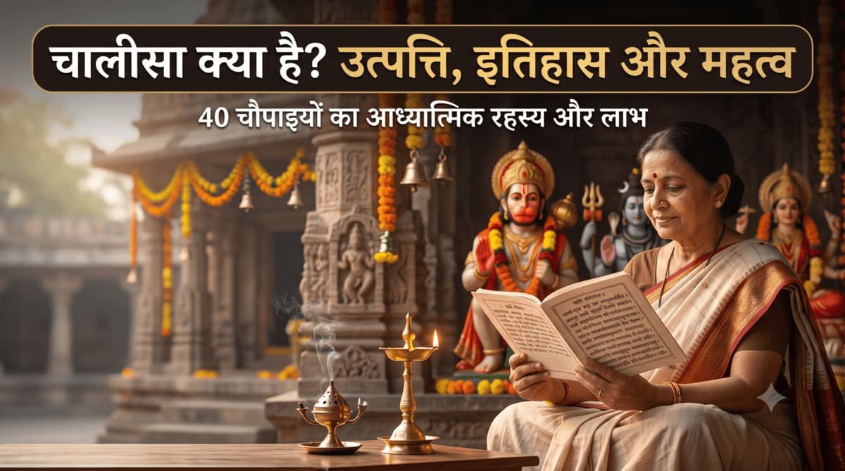 एक महिला मंदिर में बैठकर श्रद्धापूर्वक चालीसा की पुस्तक पढ़ रही है - चालीसा (chalisa) क्या है पिलर पोस्ट हेडर इमेज