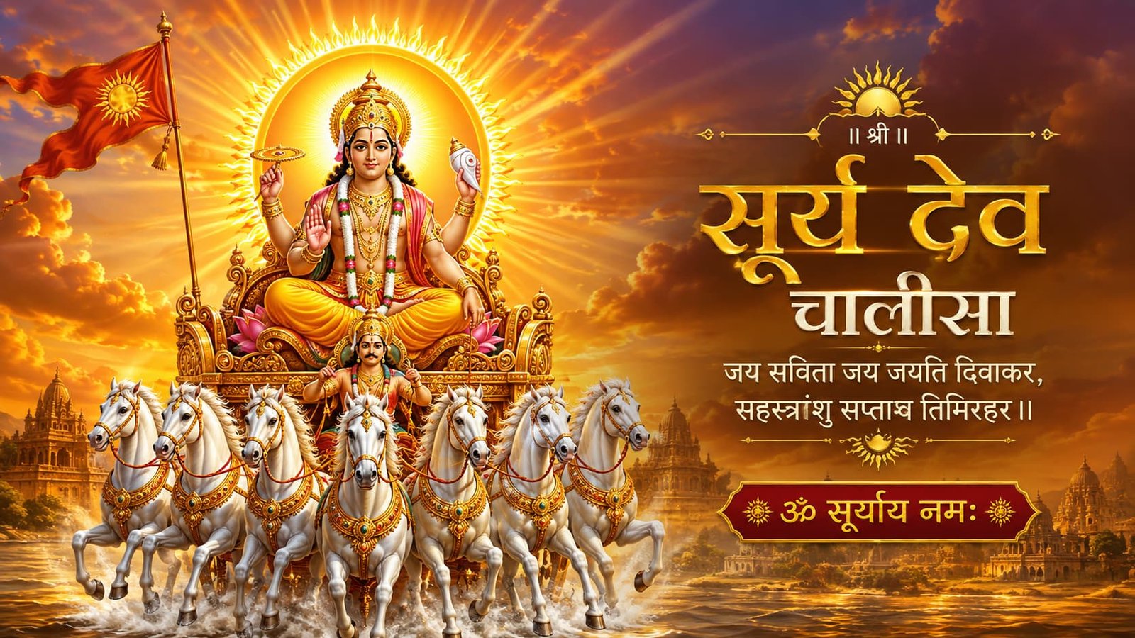 श्री सूर्य देव चालीसा – सूर्यदेव के दिव्य रथ और सात अश्वों का चित्र