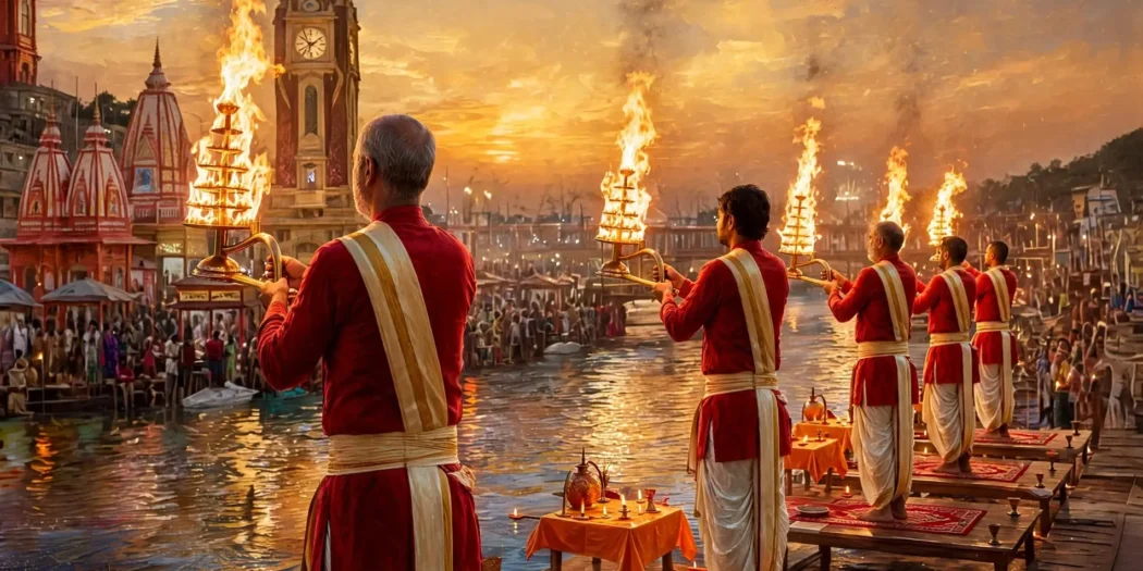 Haridwar – Har Ki Pauri: Priests and devotees performing the Aarti of Goddess Ganga on the banks of the river.