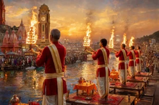 Haridwar – Har Ki Pauri: Priests and devotees performing the Aarti of Goddess Ganga on the banks of the river.