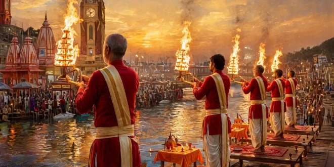 Haridwar – Har Ki Pauri: Priests and devotees performing the Aarti of Goddess Ganga on the banks of the river.