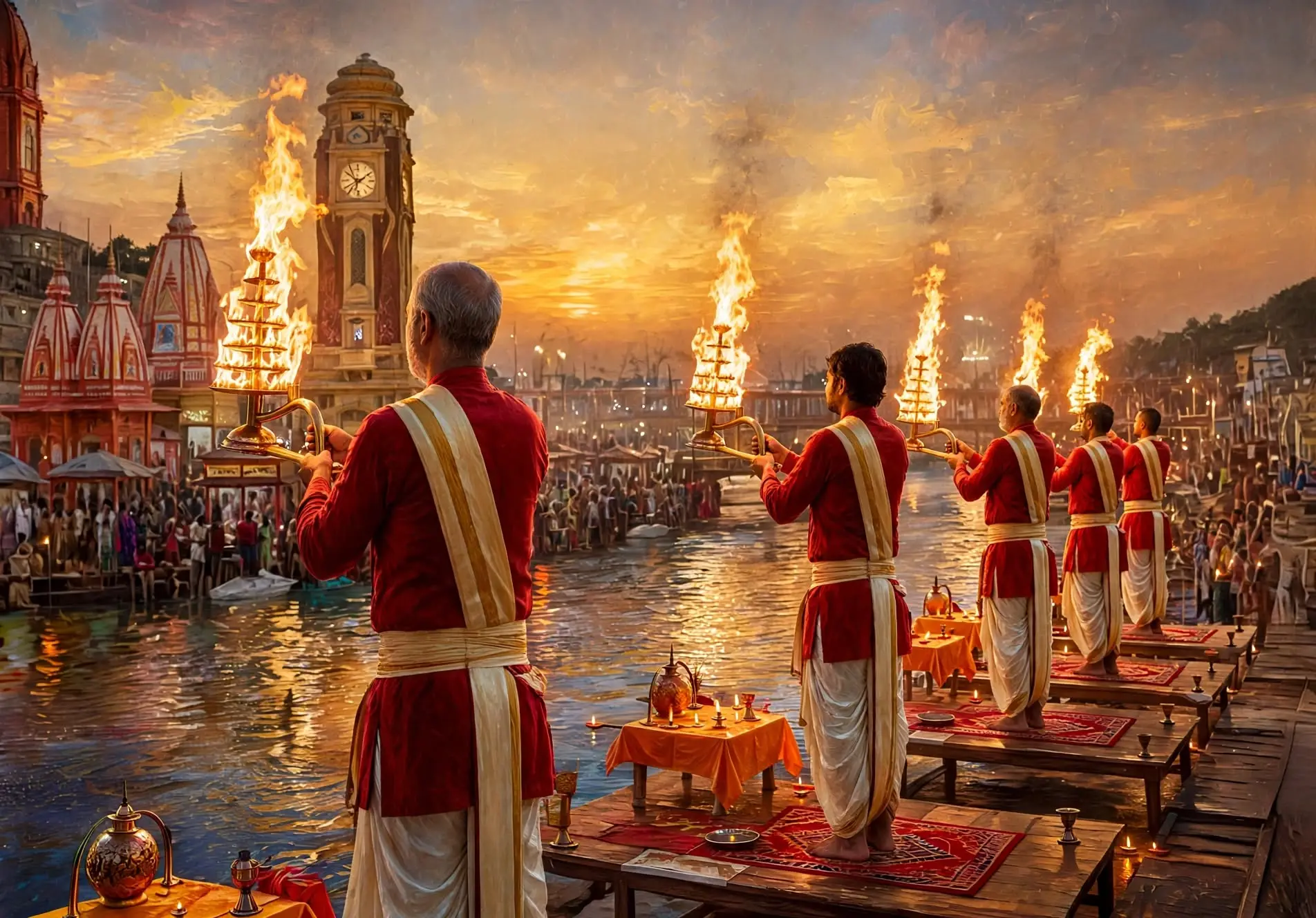 Haridwar – Har Ki Pauri: Priests and devotees performing the Aarti of Goddess Ganga on the banks of the river.