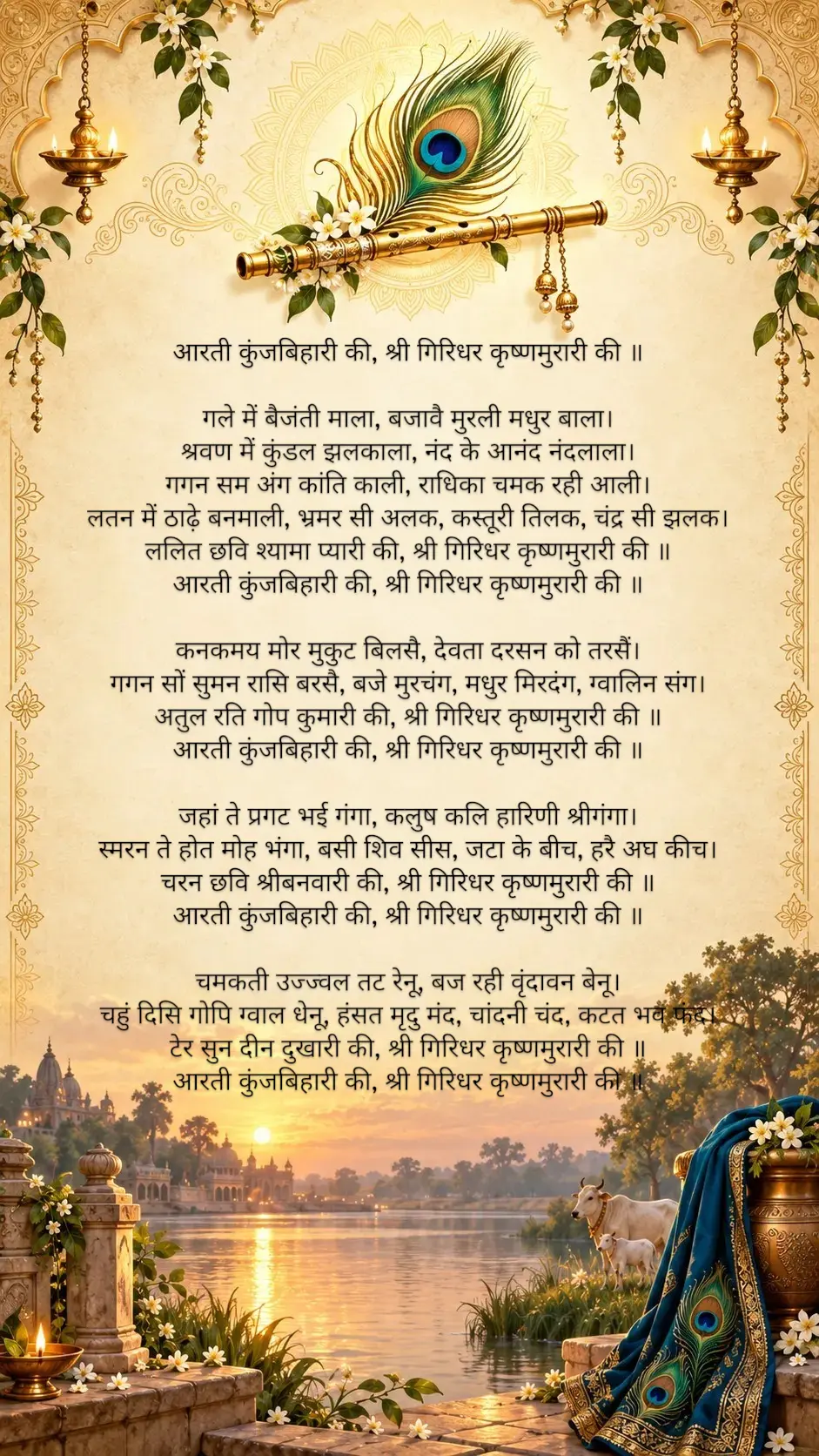 आरती कुंजबिहारी की श्री गिरिधर कृष्णमुरारी की मूल पंक्तियाँ हिंदी टेक्स्ट पोस्टर