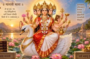 गायत्री माँ की आरती - माँ गायत्री हंस पर विराजमान पंचमुखी दिव्य रूप में