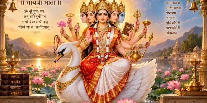 गायत्री माँ की आरती - माँ गायत्री हंस पर विराजमान पंचमुखी दिव्य रूप में