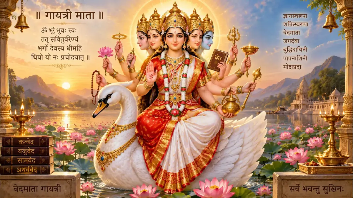 गायत्री माँ की आरती - माँ गायत्री हंस पर विराजमान पंचमुखी दिव्य रूप में