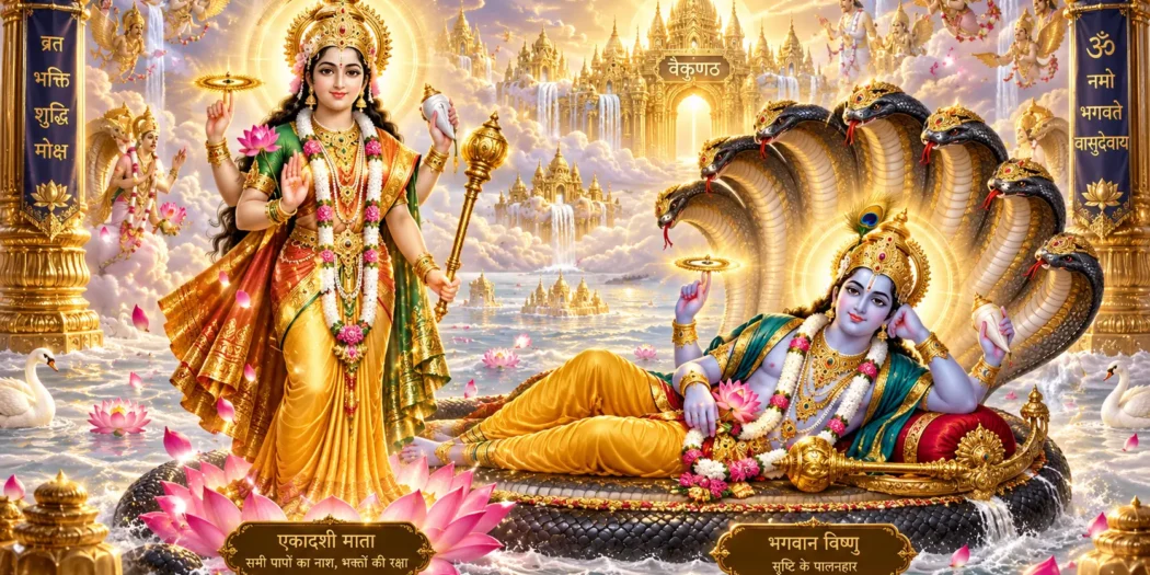 वैकुंठ लोक में एकादशी माता और भगवान श्री विष्णु की पावन Ekadashi Aarti के लिए दिव्य स्वरूप