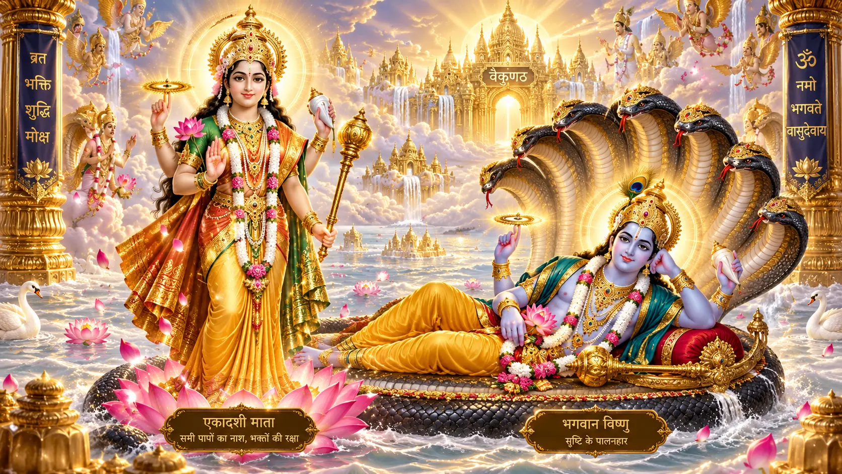 वैकुंठ लोक में एकादशी माता और भगवान श्री विष्णु की पावन Ekadashi Aarti के लिए दिव्य स्वरूप