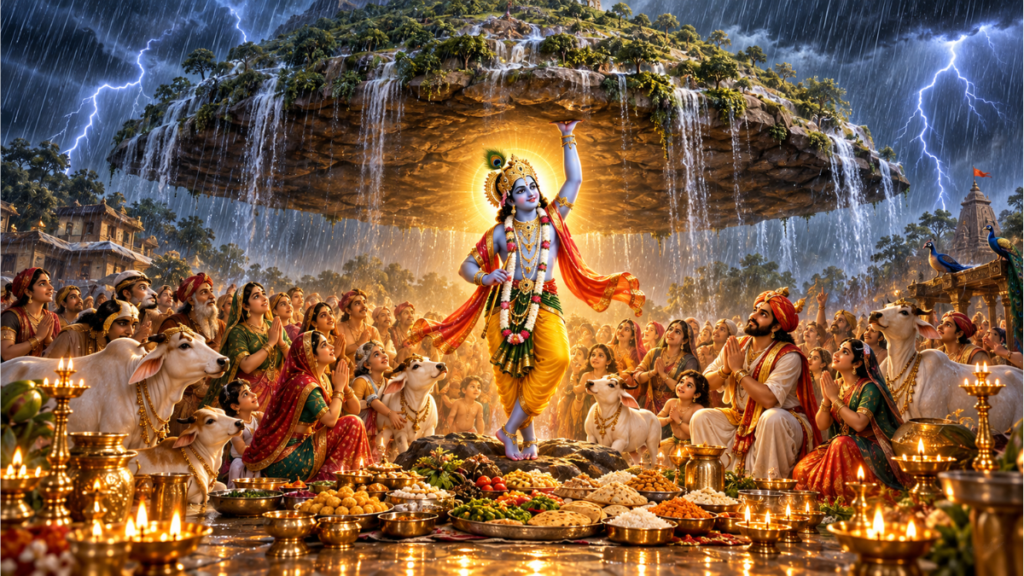 गोवर्धन जी की पूजा - भगवान श्री कृष्ण छोटी उंगली पर गोवर्धन पर्वत उठाए हुए