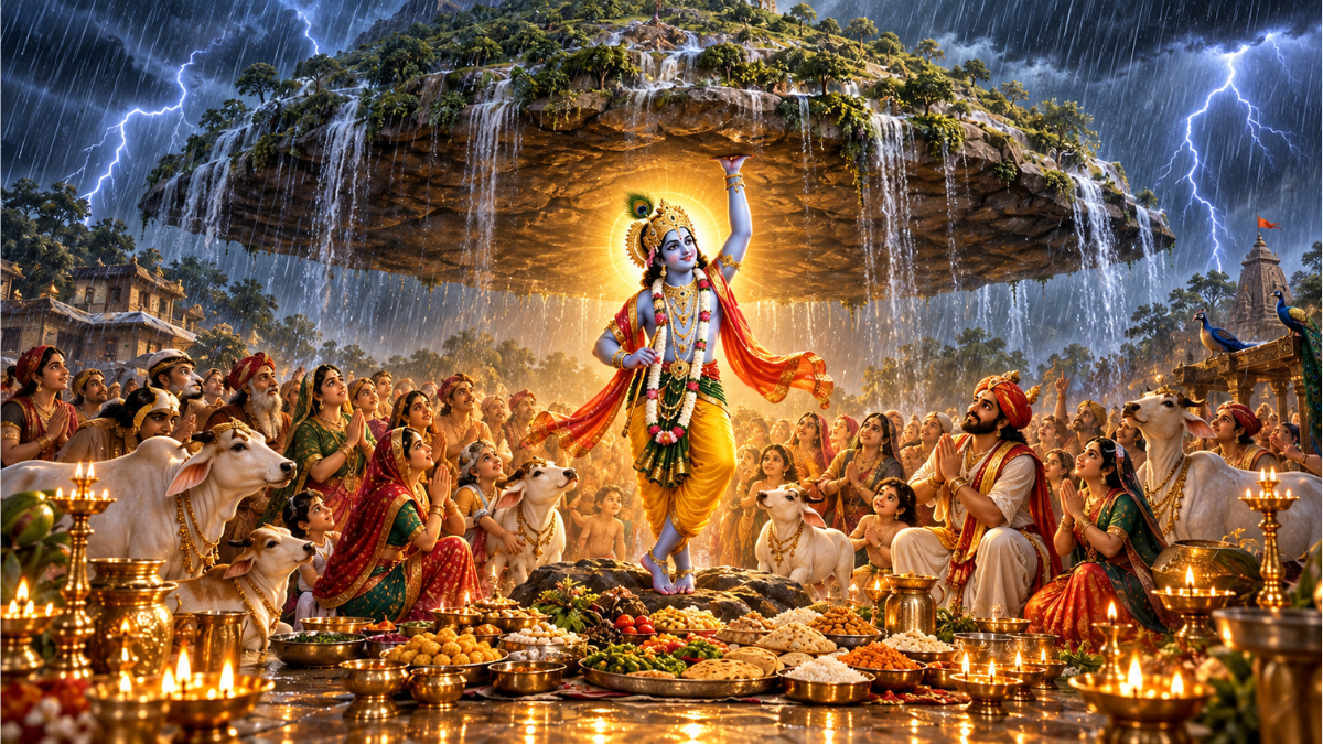 गोवर्धन जी की पूजा - भगवान श्री कृष्ण छोटी उंगली पर गोवर्धन पर्वत उठाए हुए