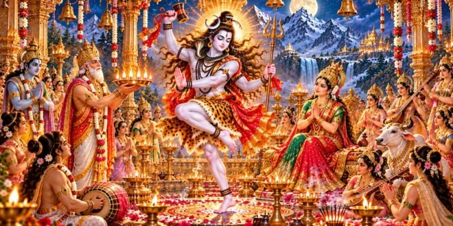 शिव तांडव आरती - कैलाश पर वाद्ययंत्रों की गूंज और ब्रह्मा जी द्वारा वेद-आरती का पावन दृश्य