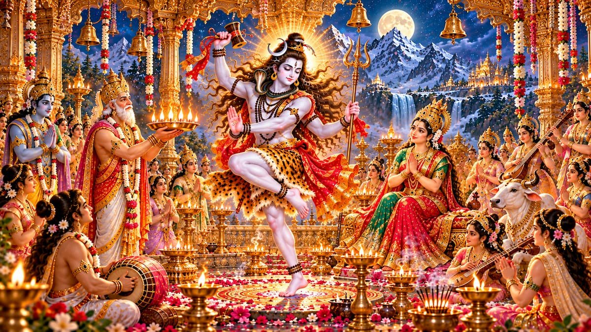 शिव तांडव आरती - कैलाश पर वाद्ययंत्रों की गूंज और ब्रह्मा जी द्वारा वेद-आरती का पावन दृश्य