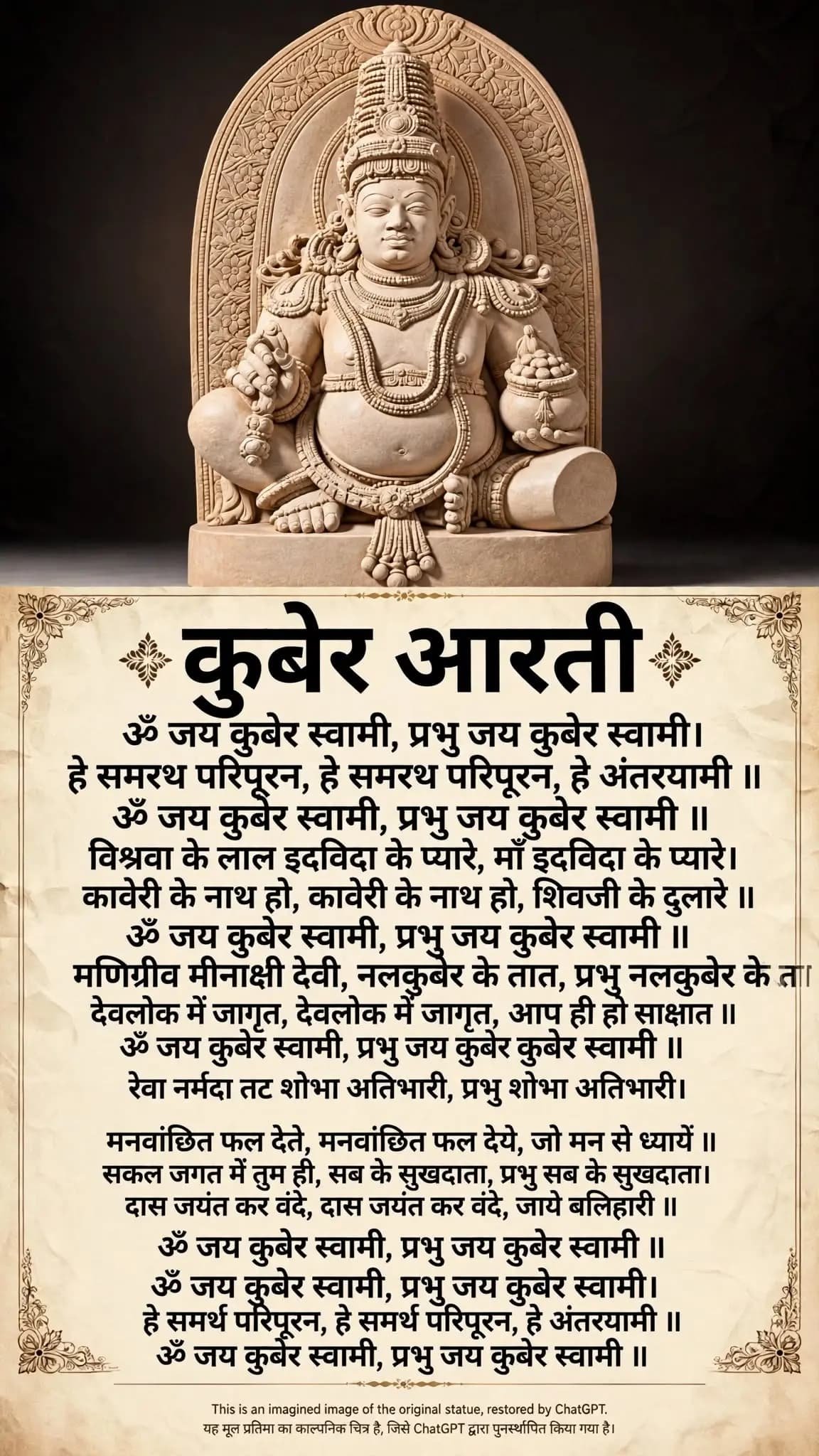 कुबेर जी की आरती और भगवान कुबेर की पुनर्स्थापित मूर्ति
