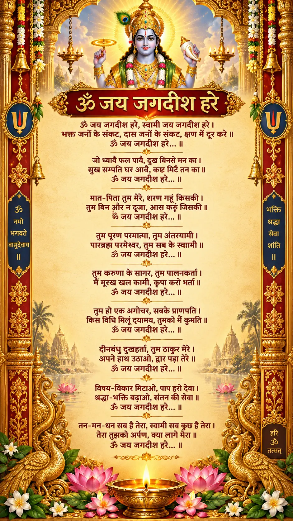 ॐ जय जगदीश हरे स्वामी जय जगदीश हरे आरती की मूल पंक्तियाँ लिखा हुआ मोबाइल वर्टिकल पोस्टर