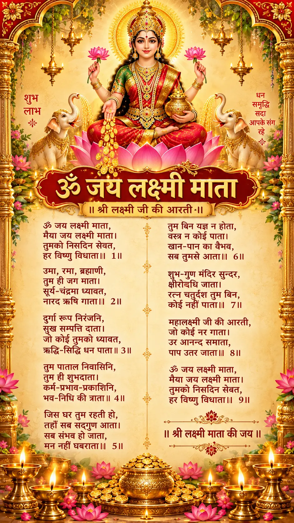 ॐ जय लक्ष्मी माता मैया जय Laxmi Ji Ki Aarti पंक्तियाँ लिखा हुआ वर्टिकल पोस्टर