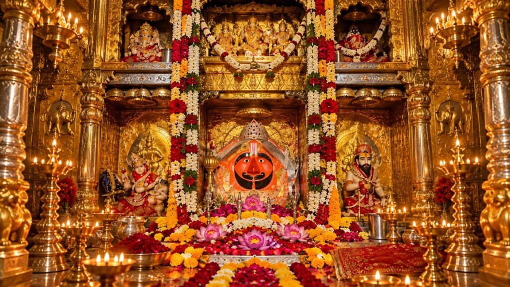 Divine idol of Lord Salasar Balaji with beard mustache and sacred akhand dhuna