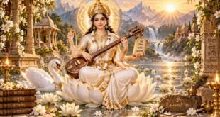 सरस्वती आरती lyrics in Hindi with Goddess Saraswati playing veena on white lotus