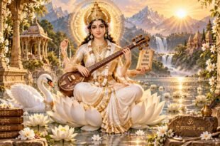 सरस्वती आरती lyrics in Hindi with Goddess Saraswati playing veena on white lotus