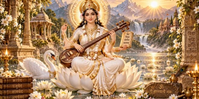 सरस्वती आरती lyrics in Hindi with Goddess Saraswati playing veena on white lotus