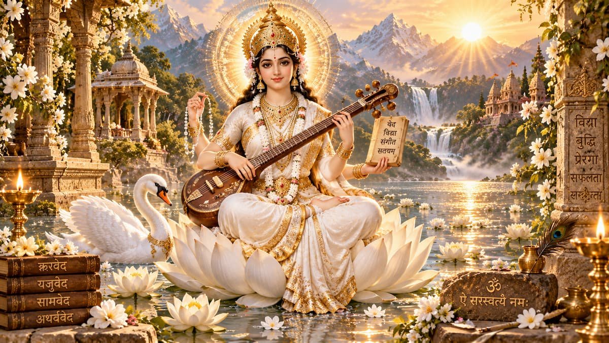 सरस्वती आरती lyrics in Hindi with Goddess Saraswati playing veena on white lotus