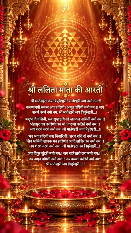 ललिता माता की आरती श्री मातेश्वरी जय त्रिपुरेश्वरी देवनागरी सुलेख पोस्टर