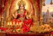श्री संतोषी माता जी - स्वर्ण सिंहासन पर माँ संतोषी का दिव्य स्वरूप व गुड़-चना भोग