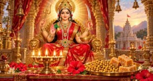 श्री संतोषी माता जी - स्वर्ण सिंहासन पर माँ संतोषी का दिव्य स्वरूप व गुड़-चना भोग
