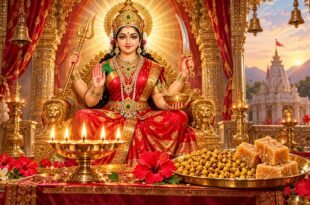 श्री संतोषी माता जी - स्वर्ण सिंहासन पर माँ संतोषी का दिव्य स्वरूप व गुड़-चना भोग