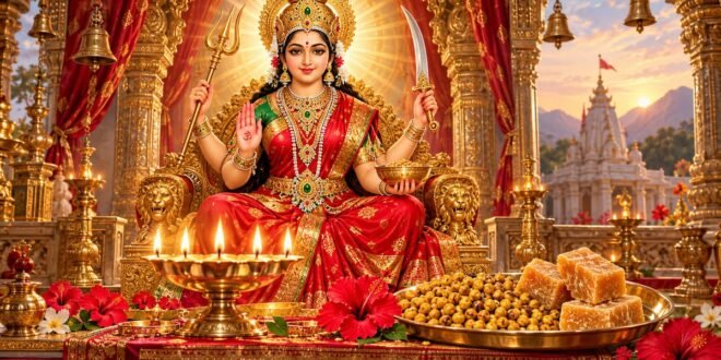 श्री संतोषी माता जी - स्वर्ण सिंहासन पर माँ संतोषी का दिव्य स्वरूप व गुड़-चना भोग