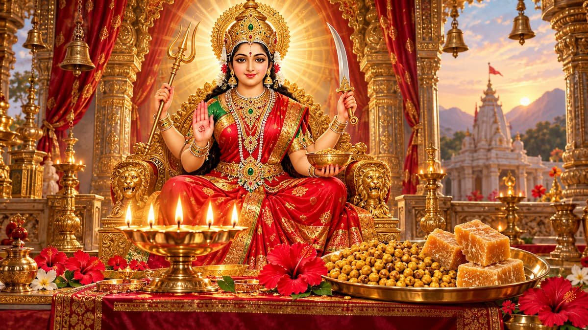 श्री संतोषी माता जी - स्वर्ण सिंहासन पर माँ संतोषी का दिव्य स्वरूप व गुड़-चना भोग