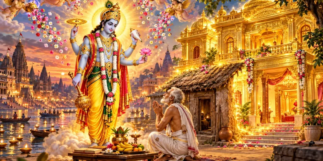 सत्यनारायण जी की आरती - भगवान सत्यनारायण का वृद्ध ब्राह्मण को दर्शन व वरदान