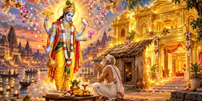 सत्यनारायण जी की आरती - भगवान सत्यनारायण का वृद्ध ब्राह्मण को दर्शन व वरदान