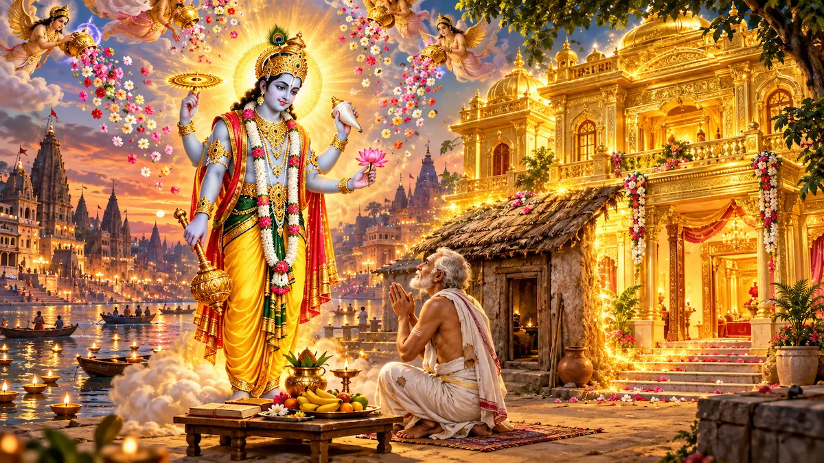 सत्यनारायण जी की आरती - भगवान सत्यनारायण का वृद्ध ब्राह्मण को दर्शन व वरदान