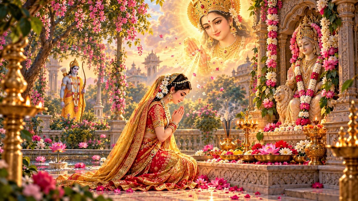 श्री रामचन्द्र जी की स्तुति - जनकपुर वाटिका में माता सीता द्वारा गौरी पूजन व आशीर्वाद दृश्य