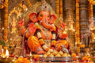 Sukhkarta Dukhharta मराठी आरती divine image of Lord Ganesha in golden temple court