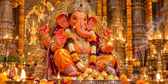 Sukhkarta Dukhharta मराठी आरती divine image of Lord Ganesha in golden temple court