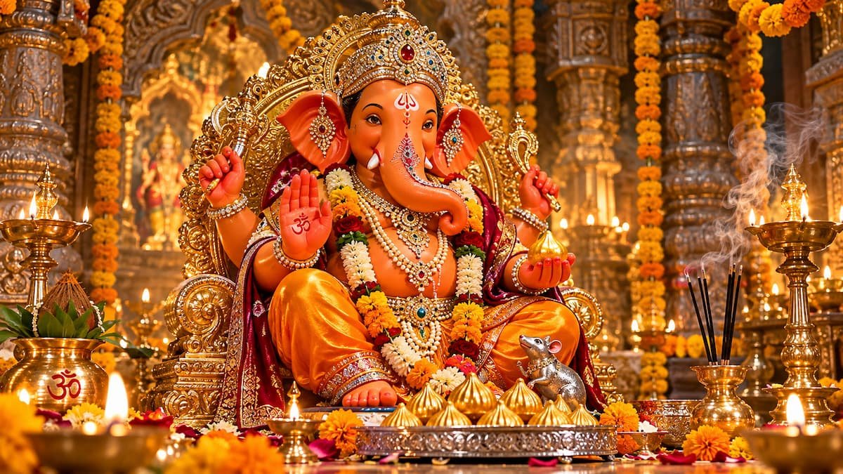 Sukhkarta Dukhharta मराठी आरती divine image of Lord Ganesha in golden temple court