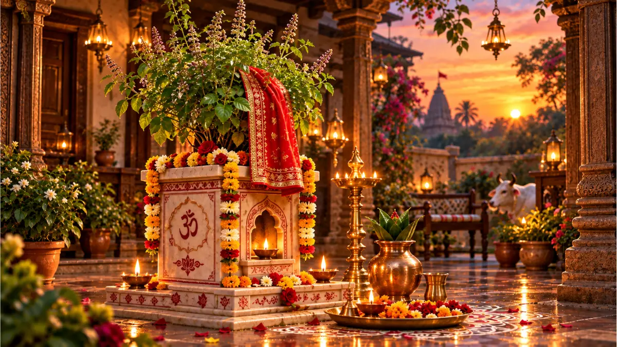 तुलसी जी की आरती - घर के आंगन में पावन तुलसी चौरा और संध्या दीप
