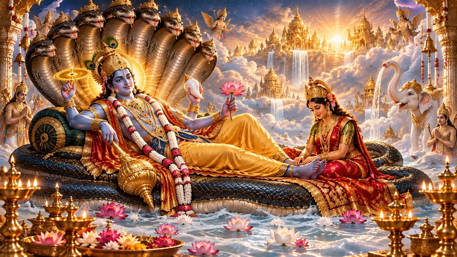 विष्णु भगवान की आरती - भगवान श्री हरि विष्णु चतुर्भुज रूप क्षीरसागर में शेषनाग शय्या पर