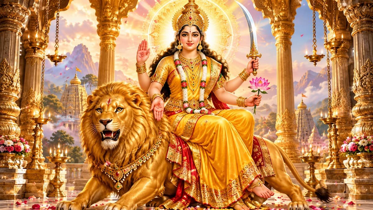 Maa Katyayani radiant golden form riding a lion with chandrahas sword and lotus on sixth day of navratri