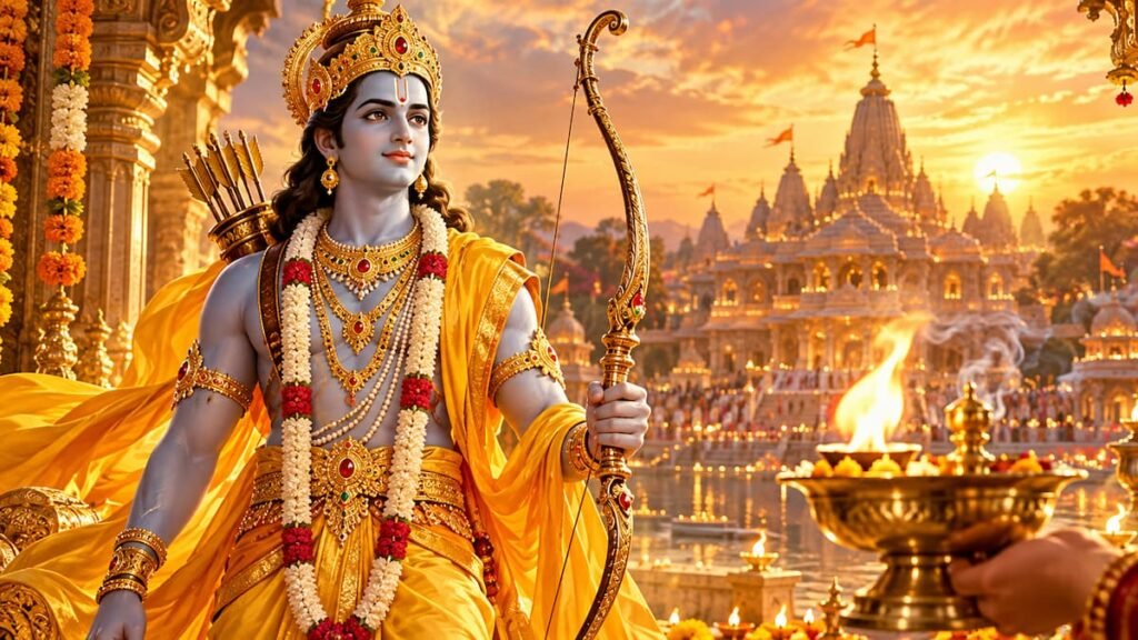 पीतांबर वस्त्र और धनुष धारण किए भगवान श्री राम और सामने प्रज्वलित आरती का दीपक
