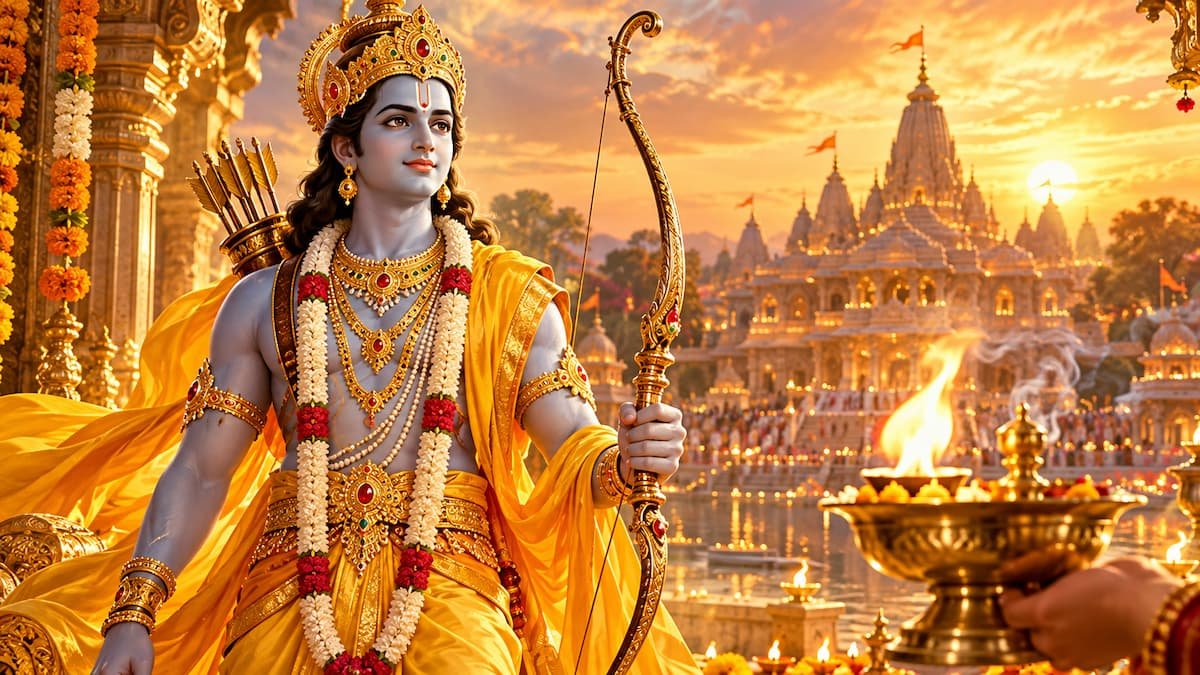 पीतांबर वस्त्र और धनुष धारण किए भगवान श्री राम और सामने प्रज्वलित आरती का दीपक