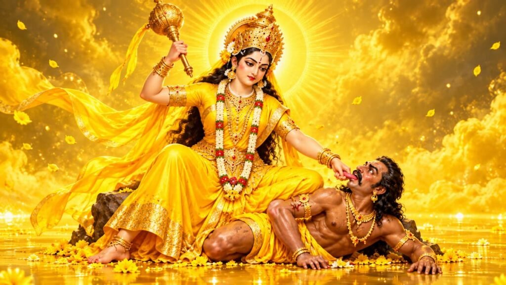 Maa Baglamukhi पीले वस्त्रों में स्वर्ण गदा धारण करके असुर की जीभ पकड़ती हुईं, पीछे सुनहरी दिव्य आभा।