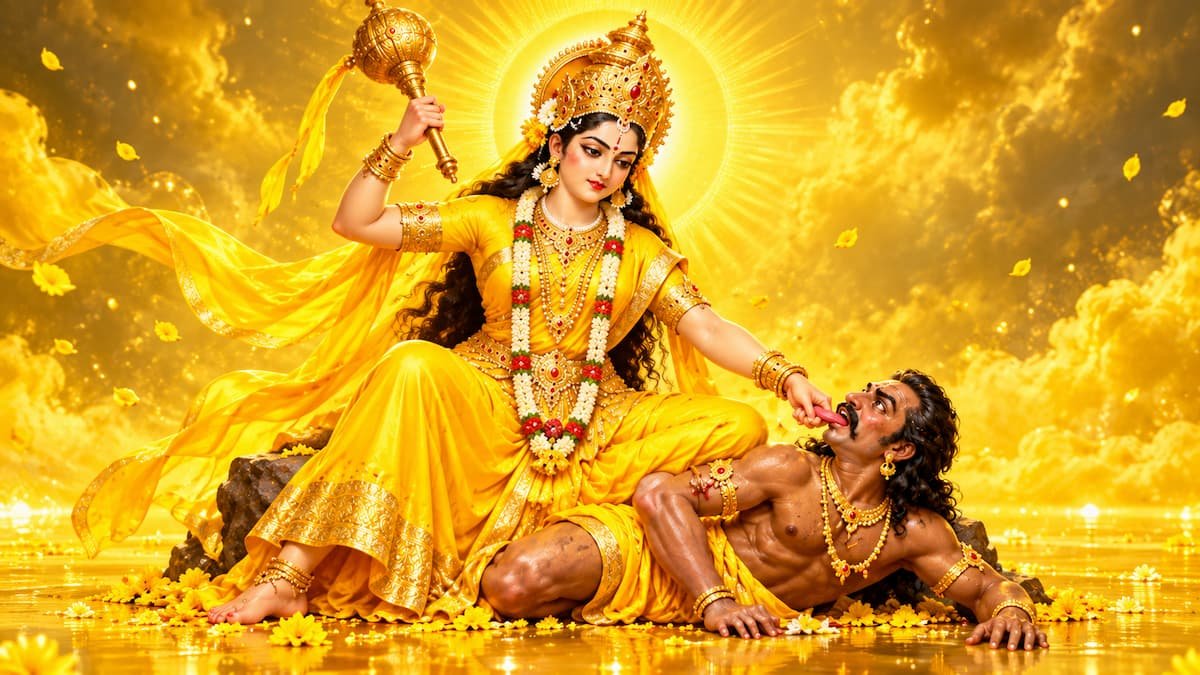 Maa Baglamukhi पीले वस्त्रों में स्वर्ण गदा धारण करके असुर की जीभ पकड़ती हुईं, पीछे सुनहरी दिव्य आभा।