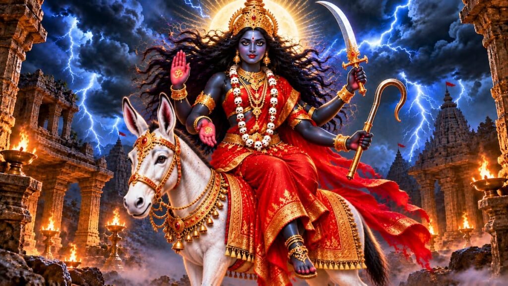 Maa Kalaratri dark divine form riding a donkey holding khadga for seventh day of navratri fear removal