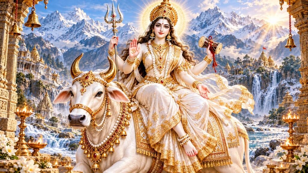 Maa Mahagauri fair radiant form sitting on white bull holding trishul on eighth day of navratri maha ashtami