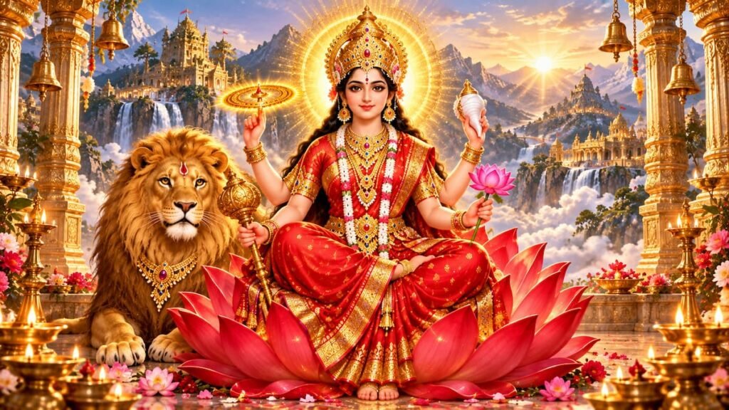 Maa Siddhidatri four armed radiant divine form seated on lotus with chakra and shankha on ninth day of navratri maha navami