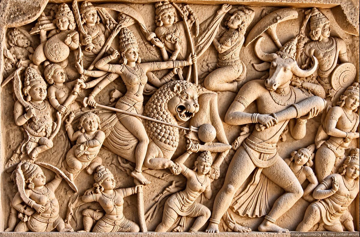 महिषासुर मर्दिनी मंदिर शिल्प में देवी दुर्गा, सिंह और अन्य देवी देवताओ के साथ महिषासुर से युद्ध